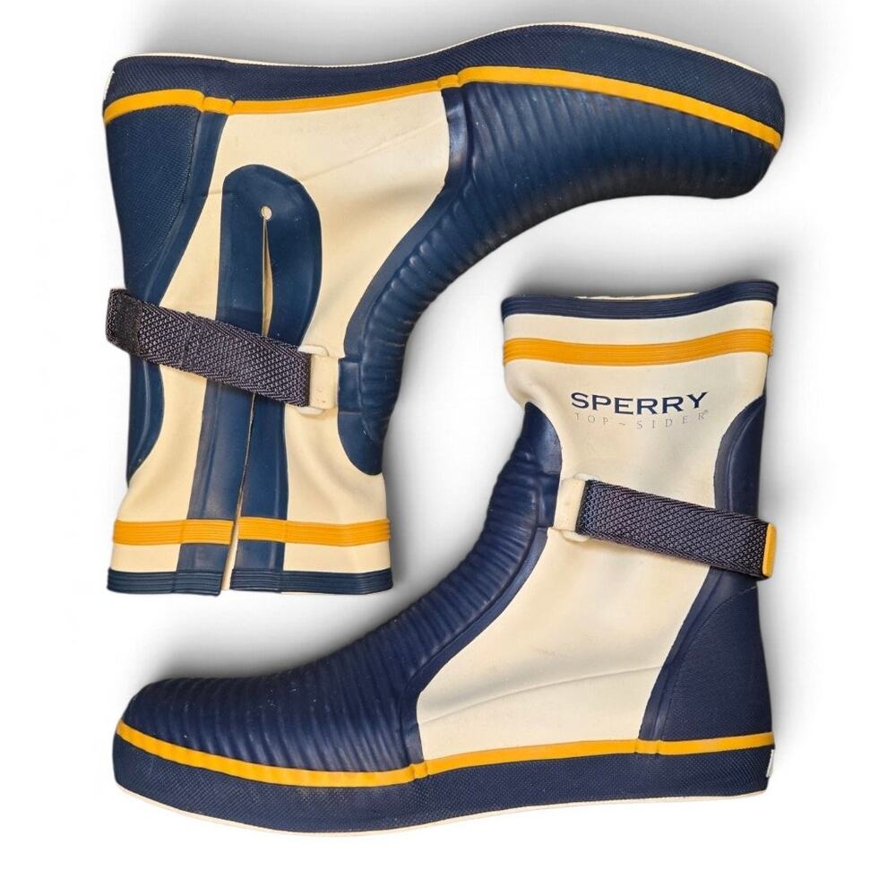 Vintage Sperry Top-Sider Rubber Rain Boots Navy Cream Yellow Size 11 M